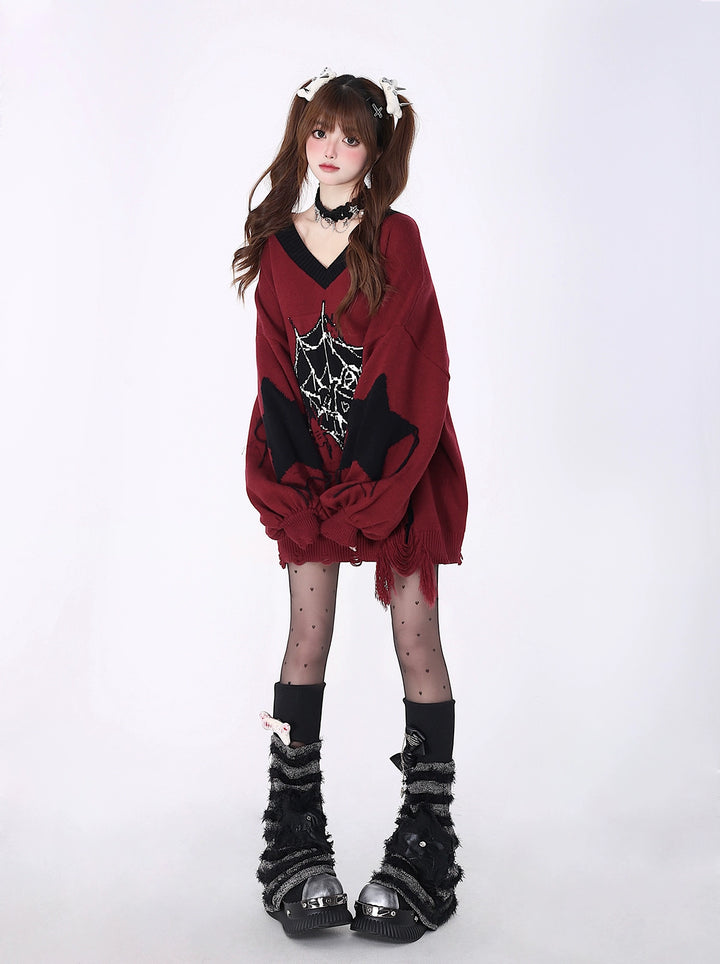 Plus Size Subculture Sweater Spider Web Sweater V-neck Sweater 39688:633878