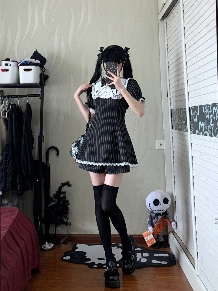 Striped Jirai Kei Dress Set Sailor Collar with Cross Details 42785:753001