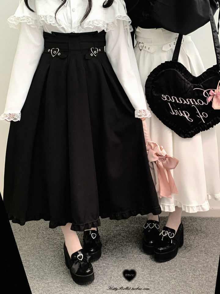 Long Jirai Kei Skirt With Lace Up And Heart-shaped Adjustable Buckle (Black) 39638:633602