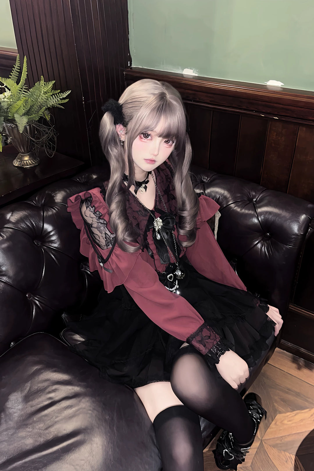Jirai Kei Long Sleeve Blouse, Lace Overlay and Heart Buttons 44589:815182