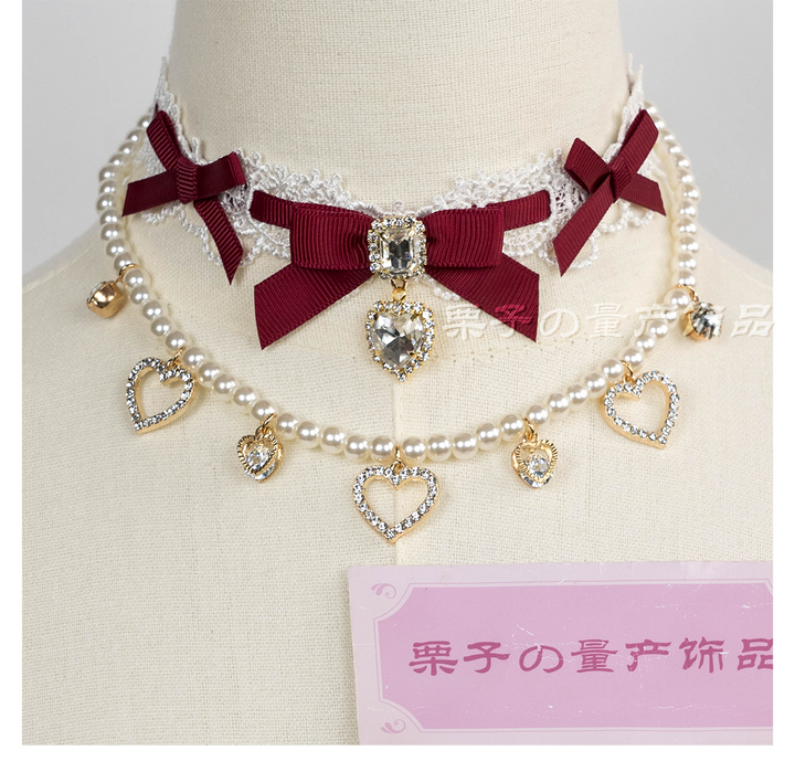 Jirai Kei Lace Choker, Detachable Faux Pearl Necklace 44010:793217