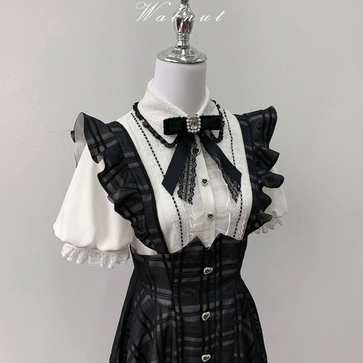 Black Plaid Jirai Kei Suspender Skirt, White Blouse 42918:757783