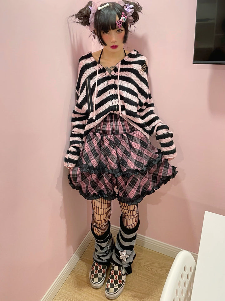 Punk Plaid Skirt Pink Blue Skirt Bow Layered Ruffle Skirt 33818:445970 33818:445970
