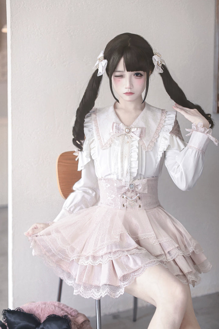 Jirai Kei Tiered Tuffles Skirt, Elastic High-Waist 44587:814554