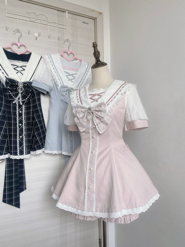 Jirai Kei Dress With Pearl Chain And Big Rhinestone Bow Tie 42813:764877