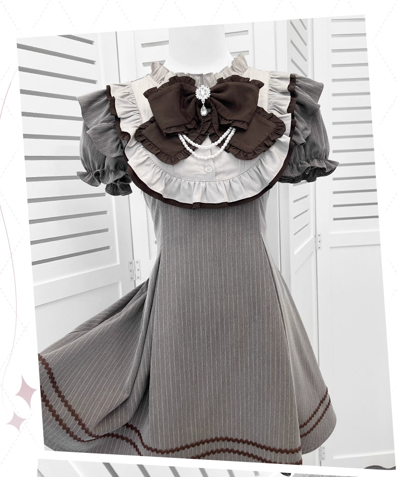 Striped Jirai Kei Dress,Thigh Length, Detachable Bowtie 43574:780069
