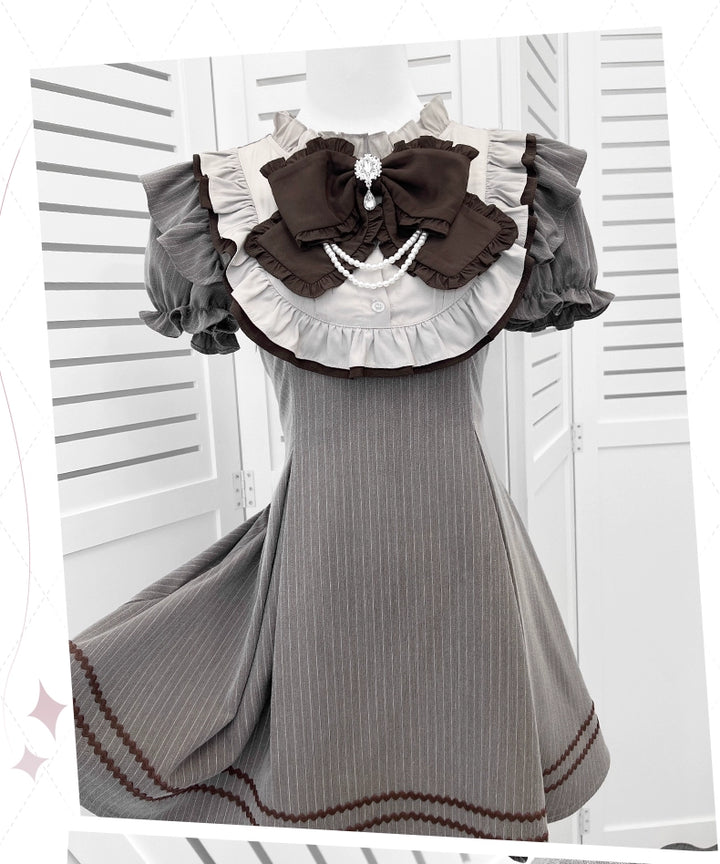 Striped Jirai Kei Dress,Thigh Length, Detachable Bowtie 43574:780069