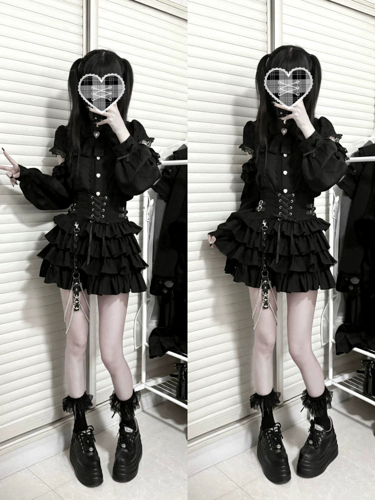 Black Jirai Kei Skirt, Removable Accessories in Two Styles 43240:772210