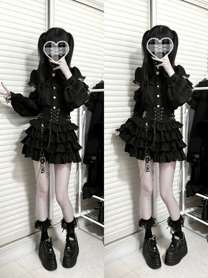 Black Jirai Kei Skirt, Removable Accessories in Two Styles 43240:772210