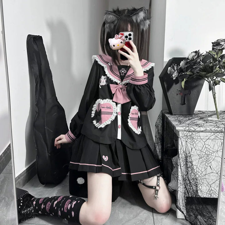Kawaii JK Uniform Suit Sailor Collar Blouse & Pleated Skirt 43024:762274