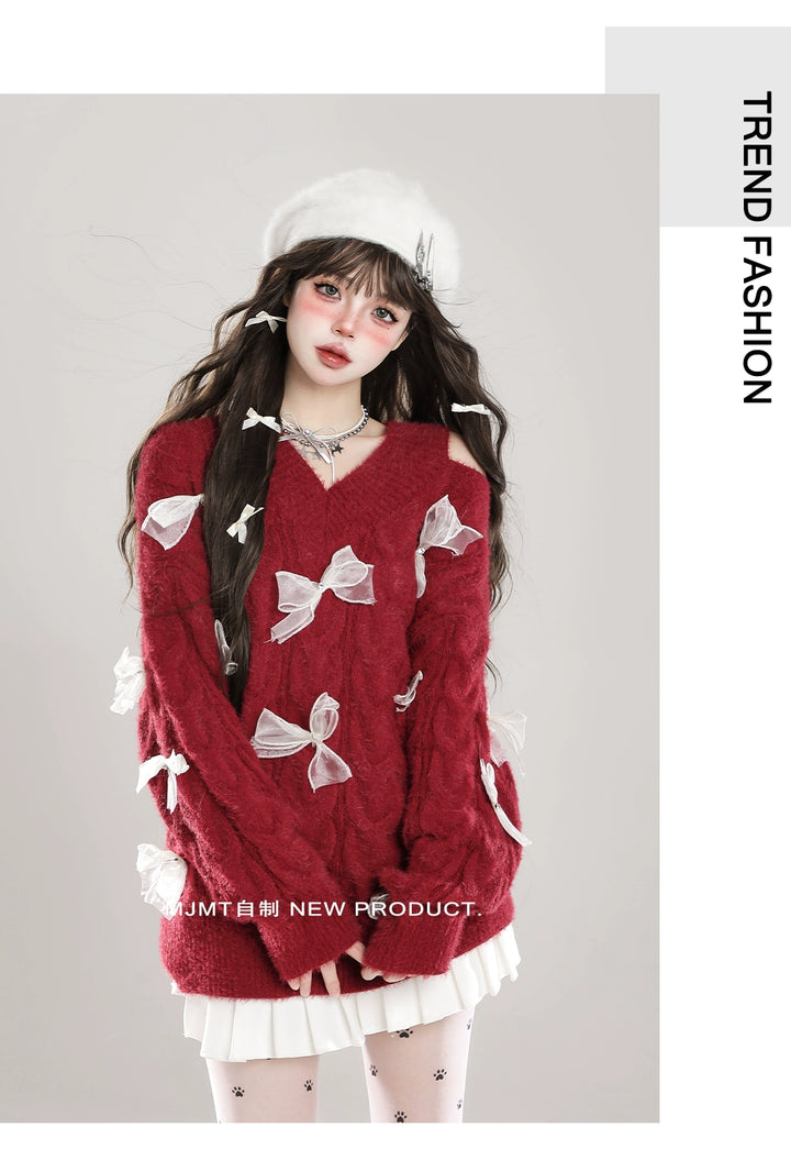 Sweet Winter Sweater, Open-Shoulder, Ribbon Bows 44070:795165