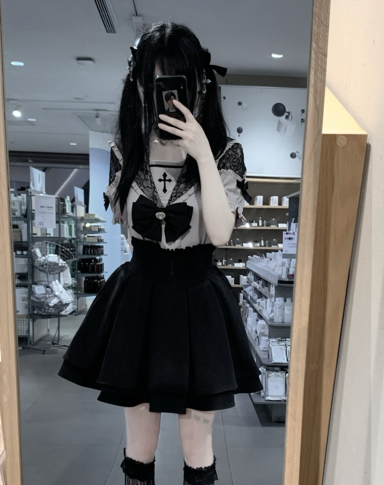 Sailor Collar Jirai Kei Blouse, High Waist Skirt, Embroidered Cross (L M XL) 37118:552564