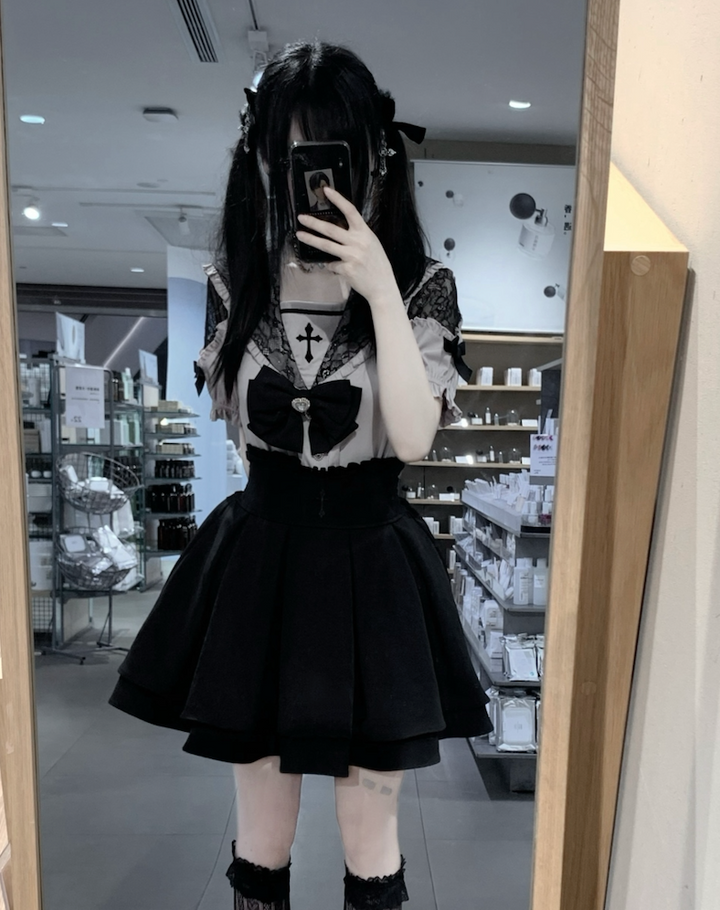 Sailor Collar Jirai Kei Blouse, High Waist Skirt, Embroidered Cross (L M XL) 37118:552564