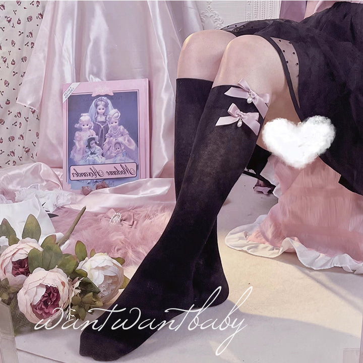 Jirai Kei Socks Black White Pink Blue Bow Lace Socks 21754:320594