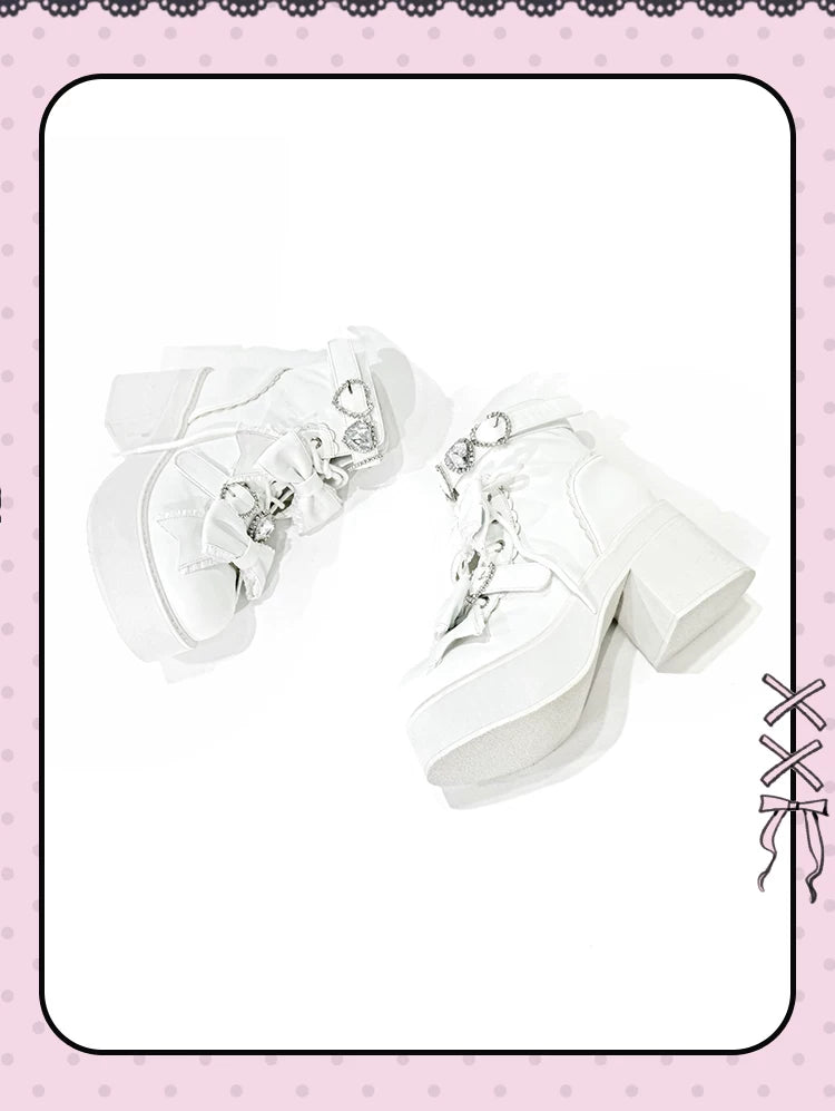 Jirai Kei Heeled Ankle Boots, Heart Rhinestone & Bows 45865:873144