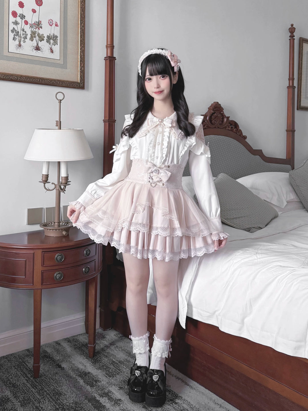 Jirai Kei Tiered Tuffles Skirt, Elastic High-Waist 44587:814561