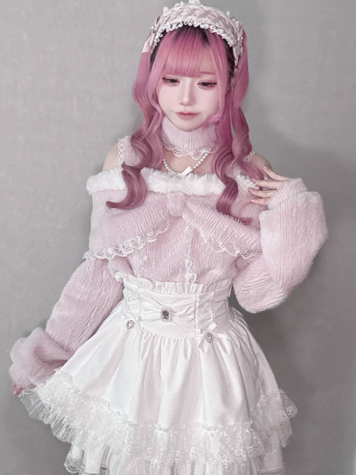 High-Waistband Jirai Kei Skirt, Tiered Lace Hem 44115:803728