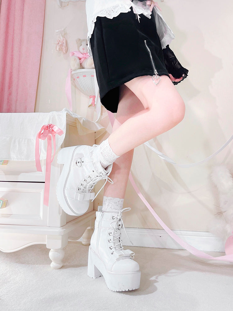 Jirai Kei Shoes Ankle Boots with Heart-shaped Pearl Buckle Detail 42651:748996