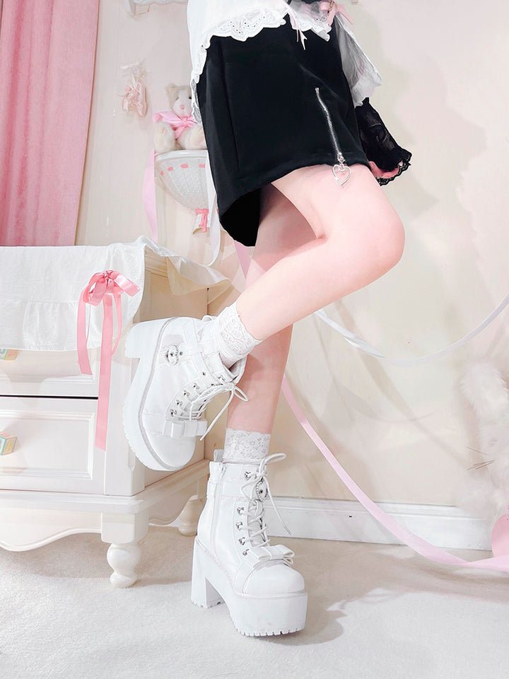 Jirai Kei Shoes Ankle Boots with Heart-shaped Pearl Buckle Detail 42651:748996