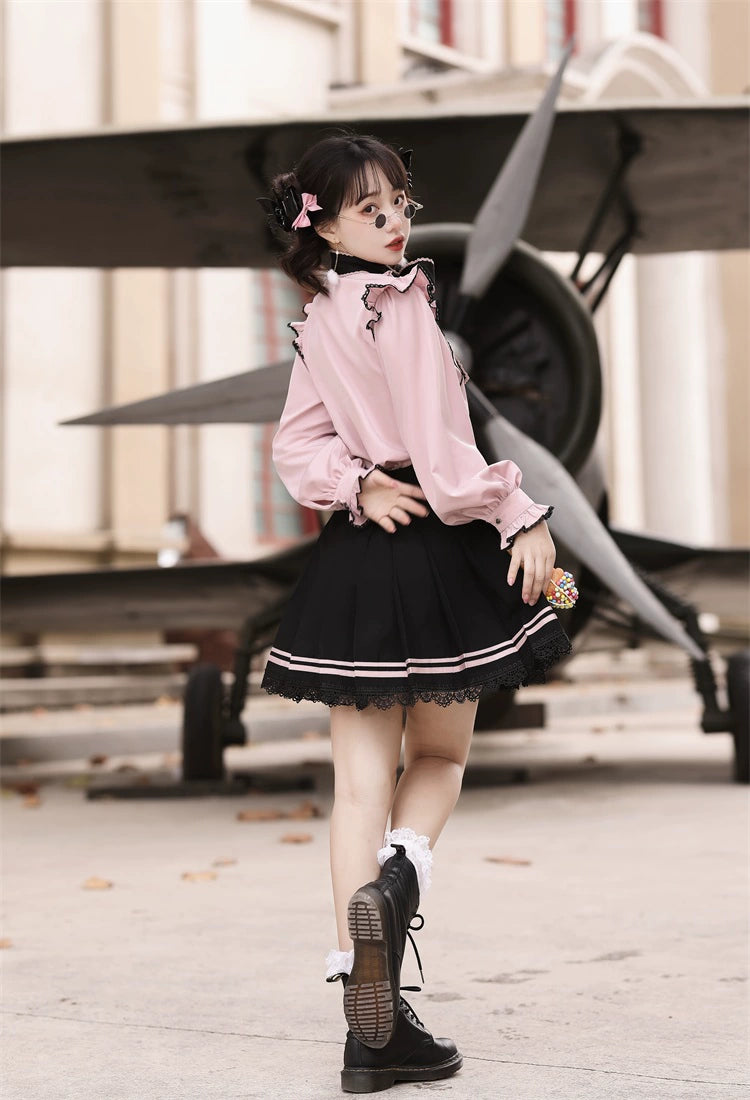 Pink Jirai Kei Blouse Black Skirt Chinese Hanfu Two-piece Set 22036:362414