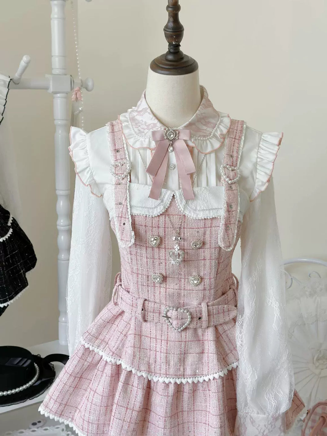 Tweed-like Jirai Kei Suspender Skirt, Matching Shorts 44178:799977