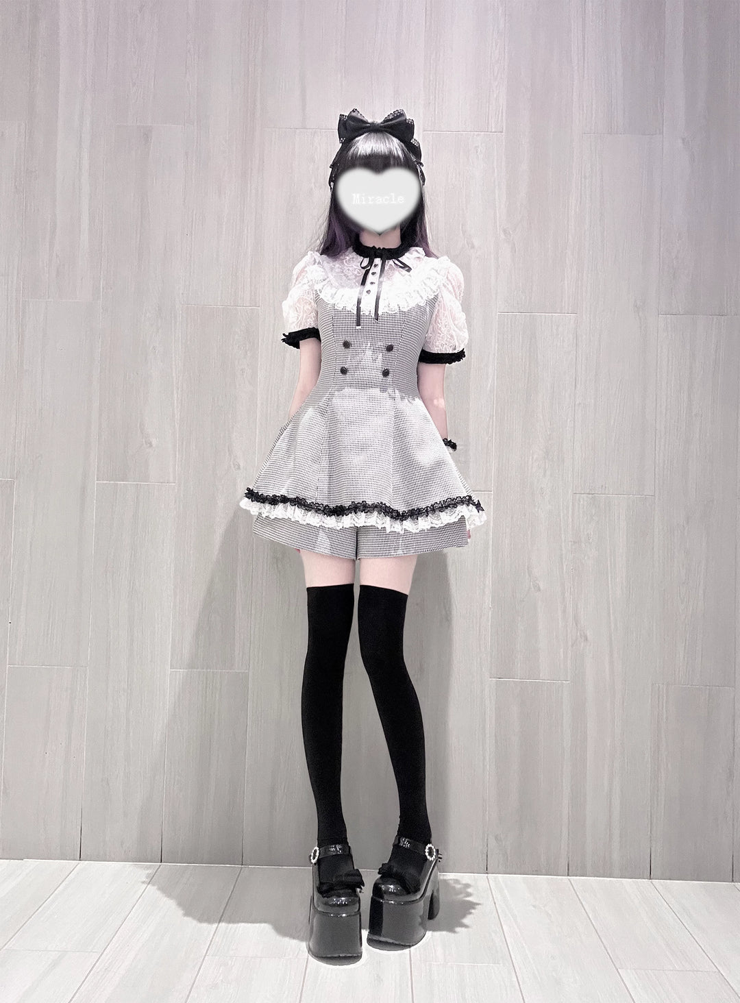 Jirai Kei Houndstooth Pattern Dress, Lace & Detachable Sleeves 44922:828283