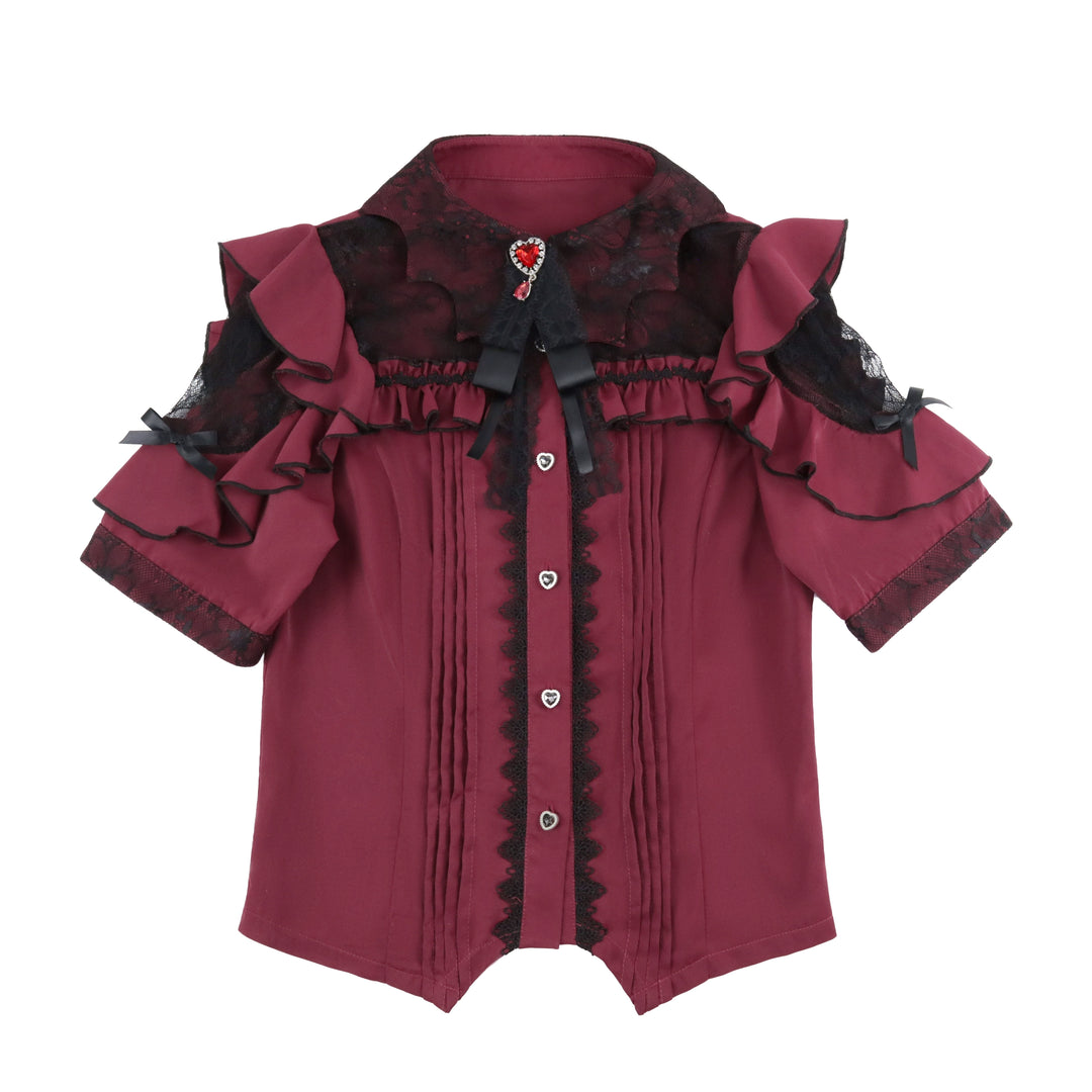 Jirai Kei Blouse Lace Bat Collar Burgundy And Black Shirt (L M S XL) 39630:776559