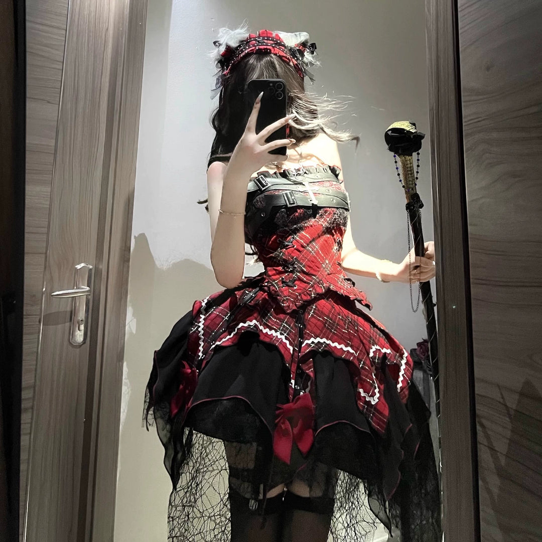 Gothic Lolita Dress Red Purple Top Irregular Skirt Hem Set 39142:615892