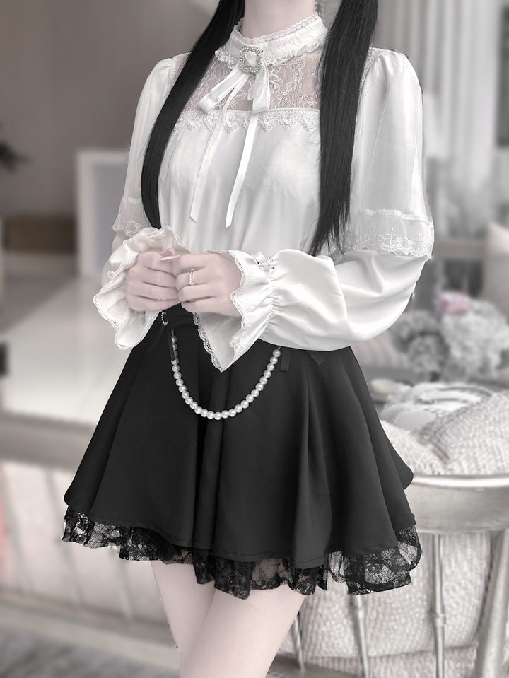 Jirai Kei Hollow-Out Lace Blouse Black Skirt With Pearl Chain 42163:729279