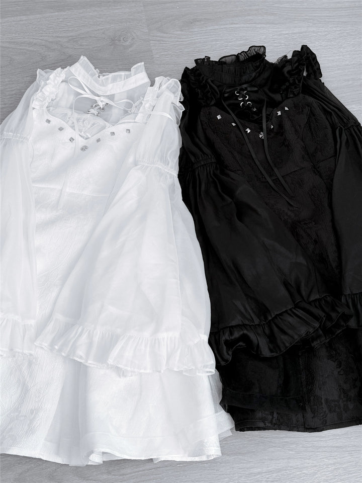 Black/White Jirai Kei Jumper Dress & Hime-Sleeved Sheer Blouse 43326:773581