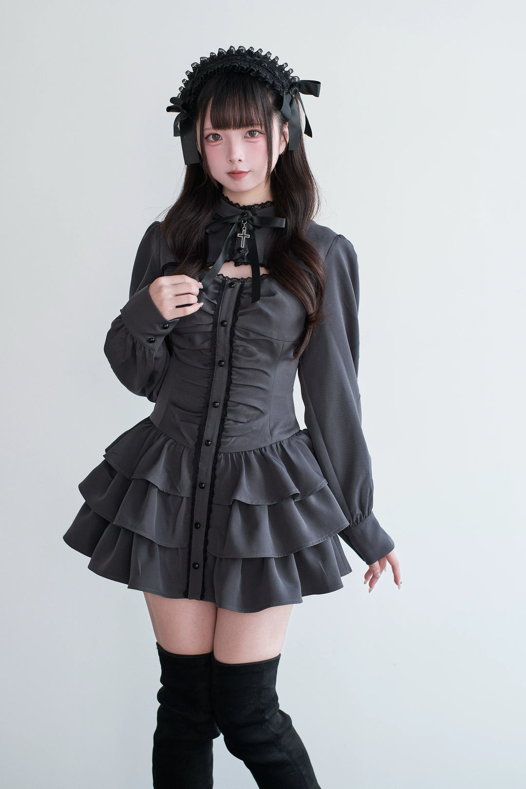 Black/Gray Jirai Kei Lace-Up Dress, Elastic Shorts 44329:806142