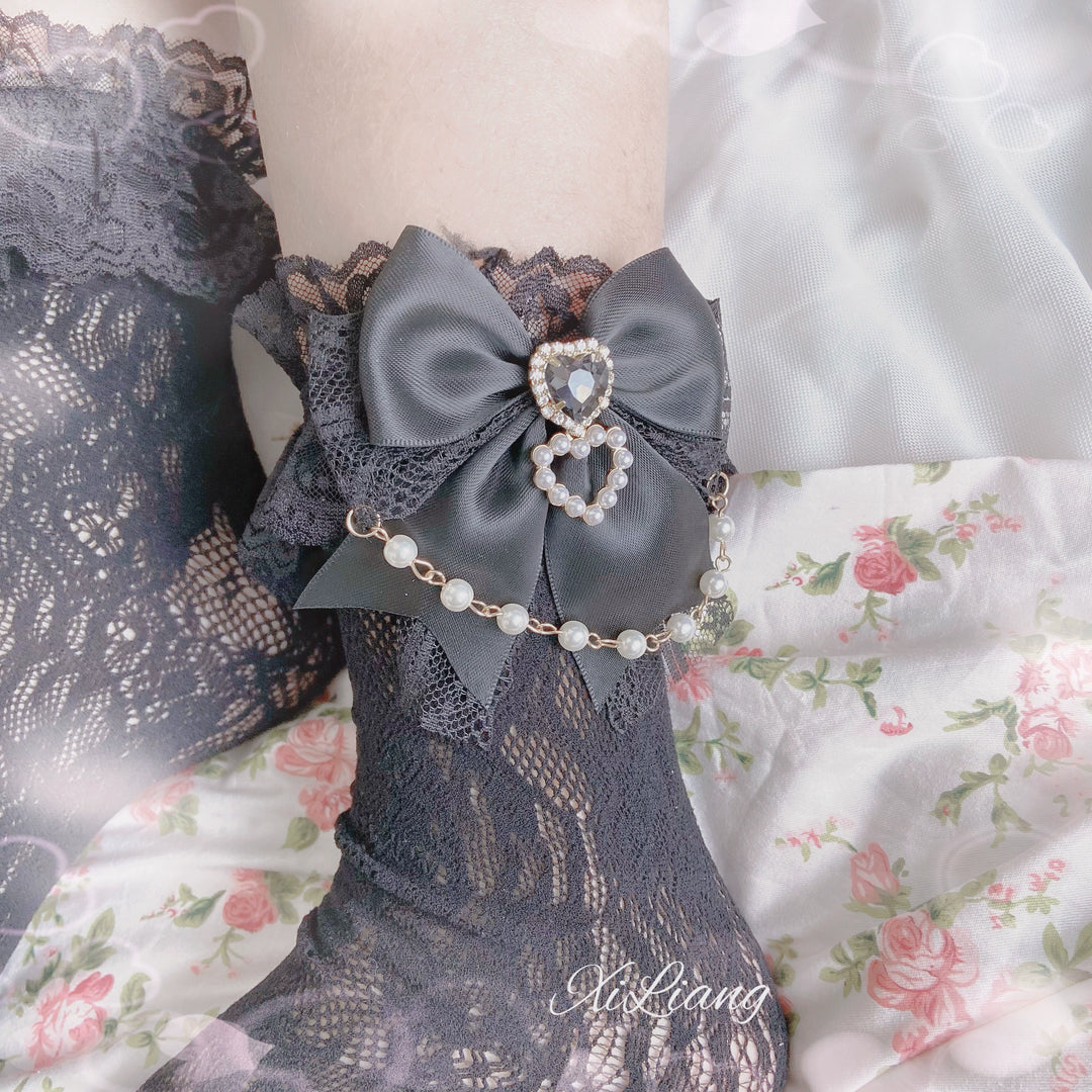 Jirai Kei Socks With Pearl Chain And Sweetheart Rhinestone Detail 28904:326748