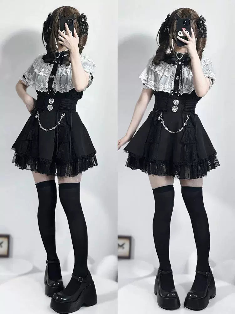 Jirai Kei Blouse with Layered Lace Cape & Detachable Sleeve 42860:755737
