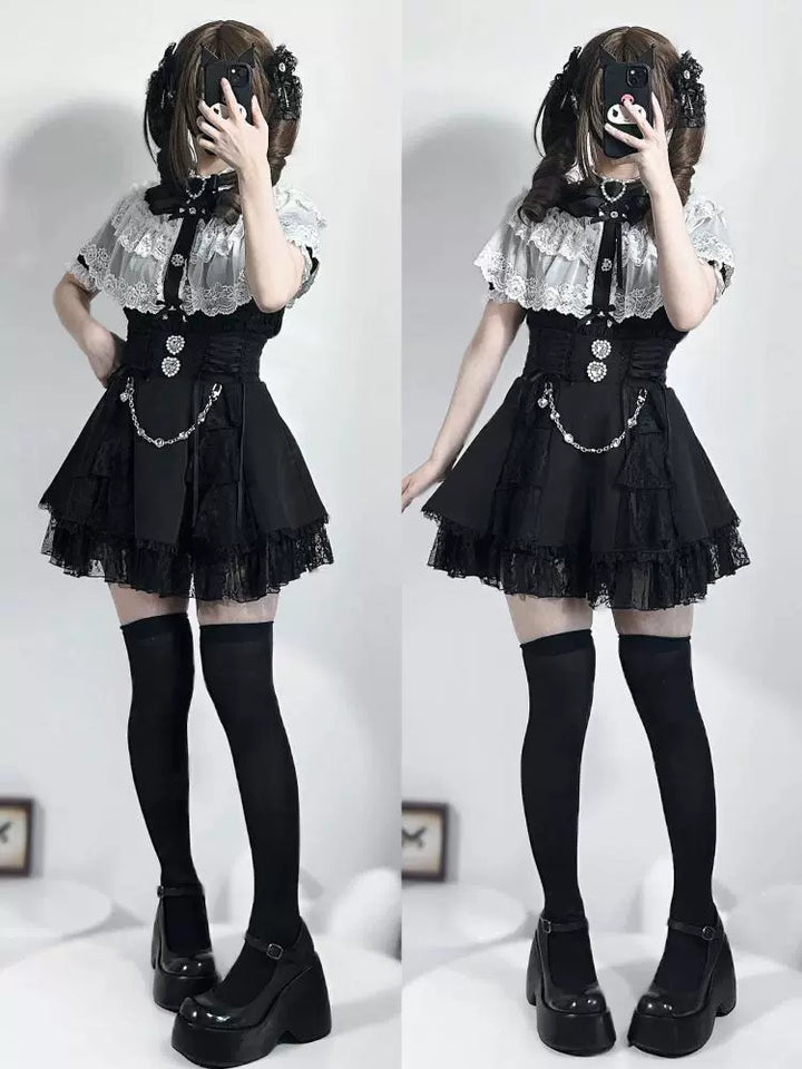 Jirai Kei Blouse with Layered Lace Cape & Detachable Sleeve 42860:755737
