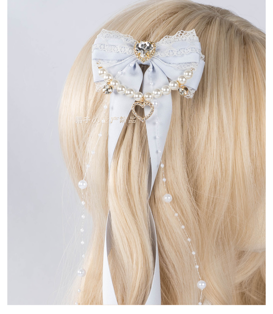 Jirai Kei Bow Hair Clip, Heart Rhinestone, Pearl Chain, Lace Trim 43501:778544