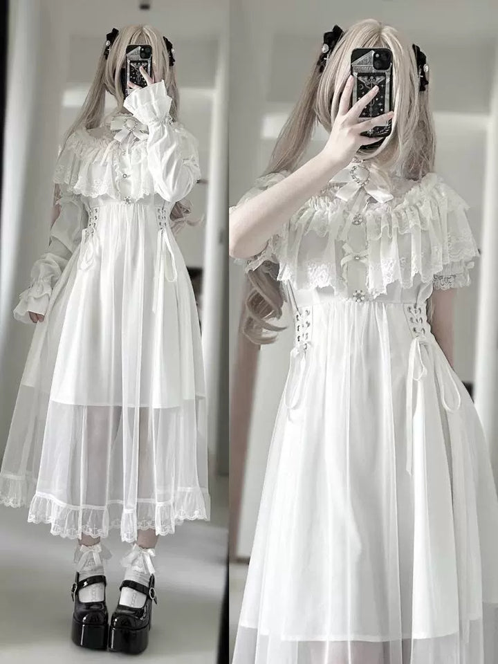 Long Jirai Kei Lace Cape Dress, Detachable Sleeves (L M S XL) 43590:780594