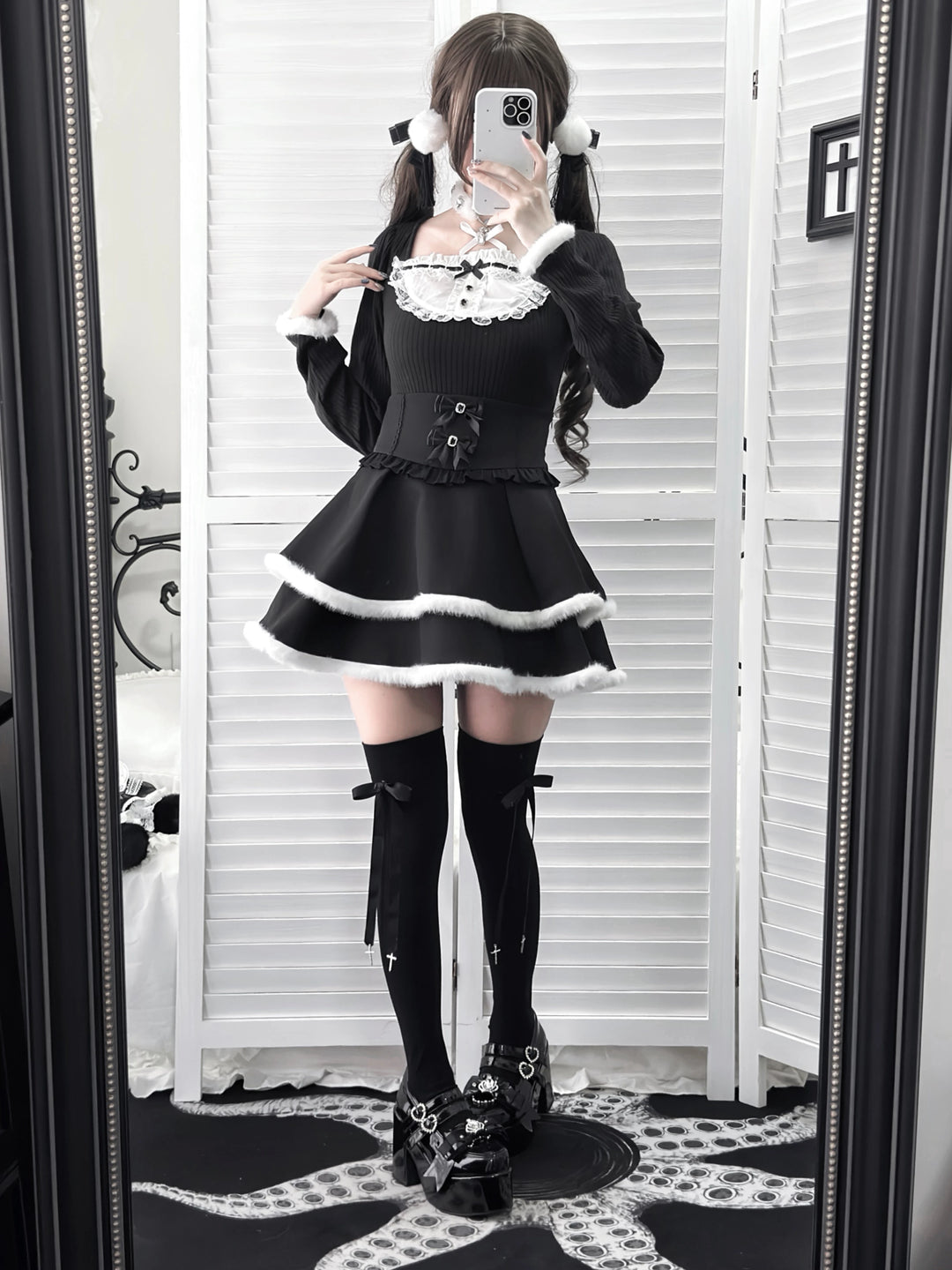 Jirai Kei Black High Waist Skirt, Faux Fur Trim 46105:875438