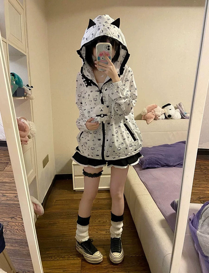 Kawaii Hooded Sunscreen Jacket with Cat Ears & Animal Prints 42905:759067