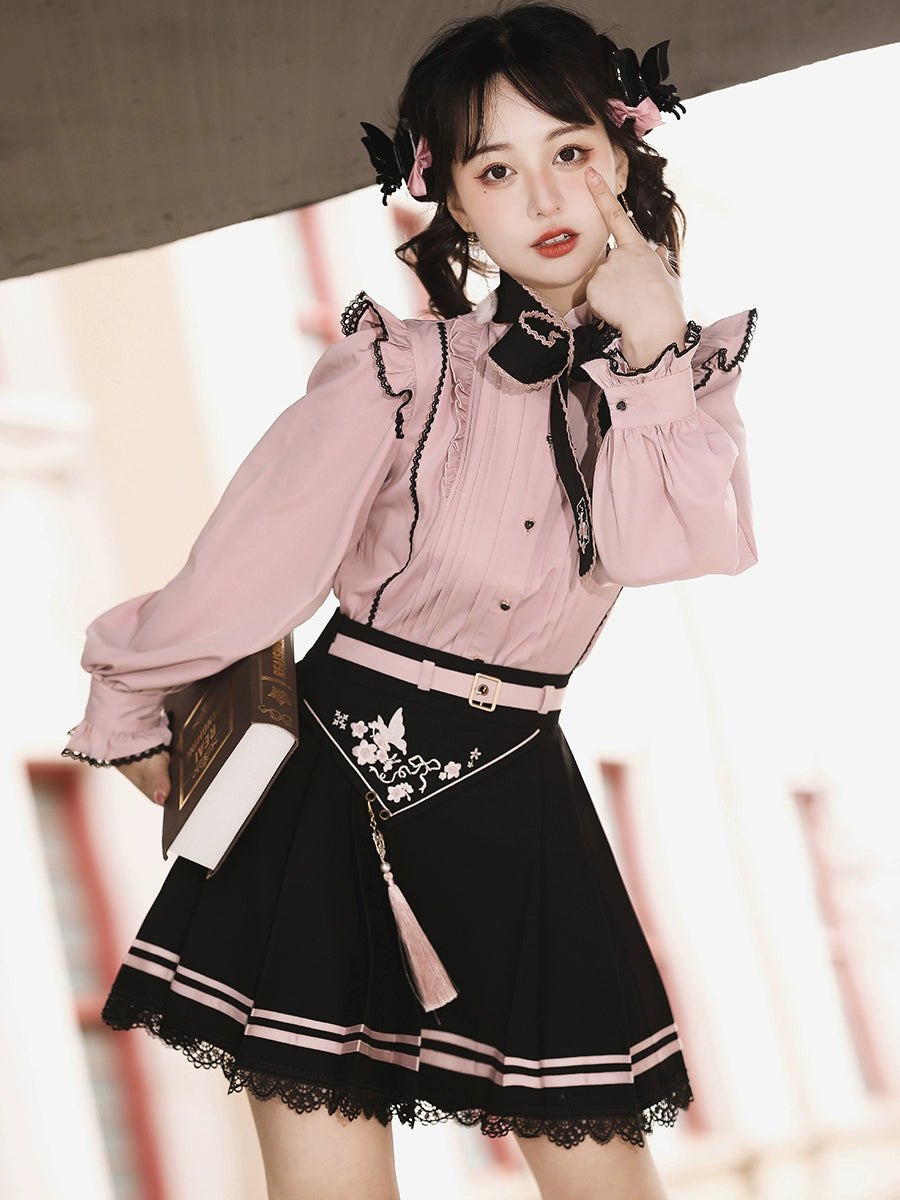 Pink Jirai Kei Blouse Black Skirt Chinese Hanfu Two-piece Set 22036:371740