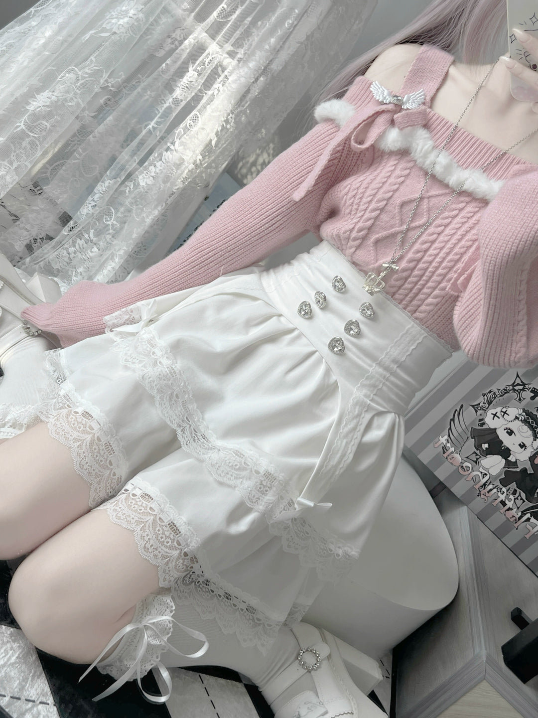 Jirai Kei Sweater Off-Shoulder Knot Bow Sweater 39722:634222