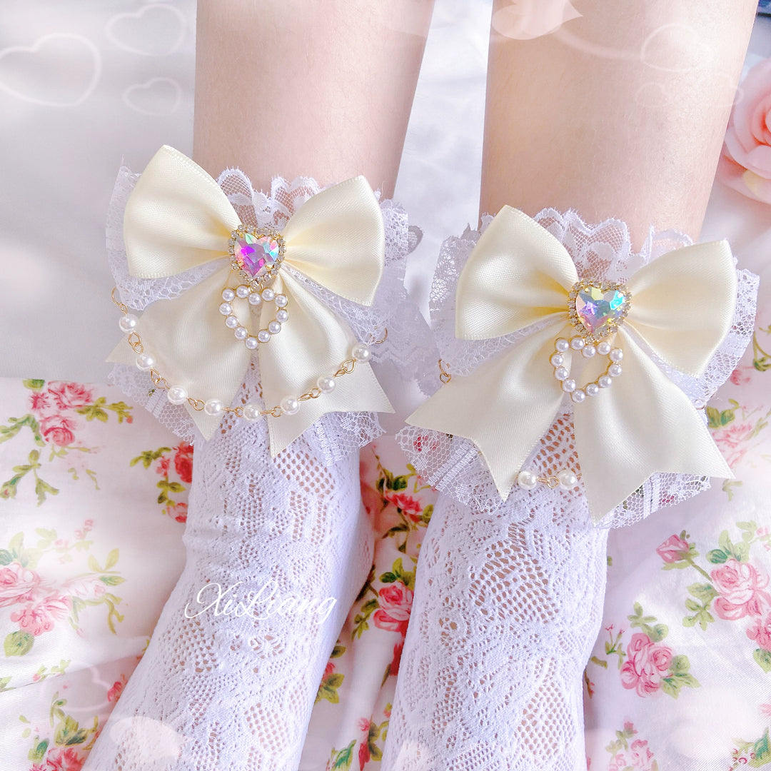 Jirai Kei Socks With Pearl Chain And Sweetheart Rhinestone Detail 28904:326734