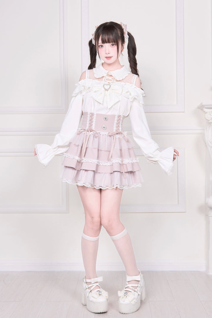 Sheer Open Shoulder Jirai Kei Blouse, Chest Flounce Hem 43682:782679
