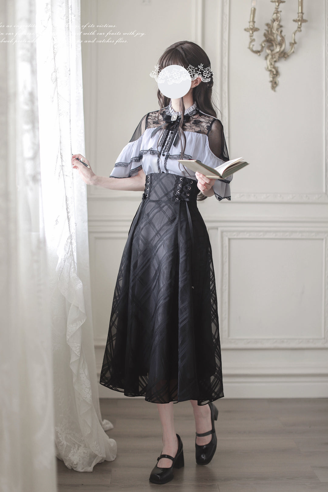 Black Maxi Jirai Kei Skirt, Purple Cape Blouse 43111:766077