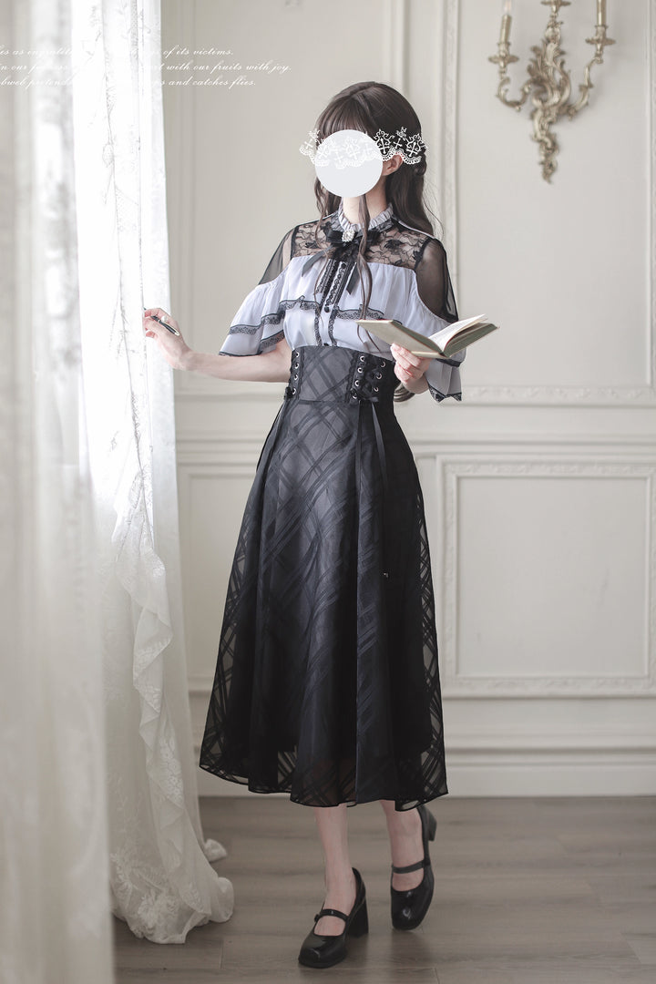 Black Maxi Jirai Kei Skirt, Purple Cape Blouse 43111:766077