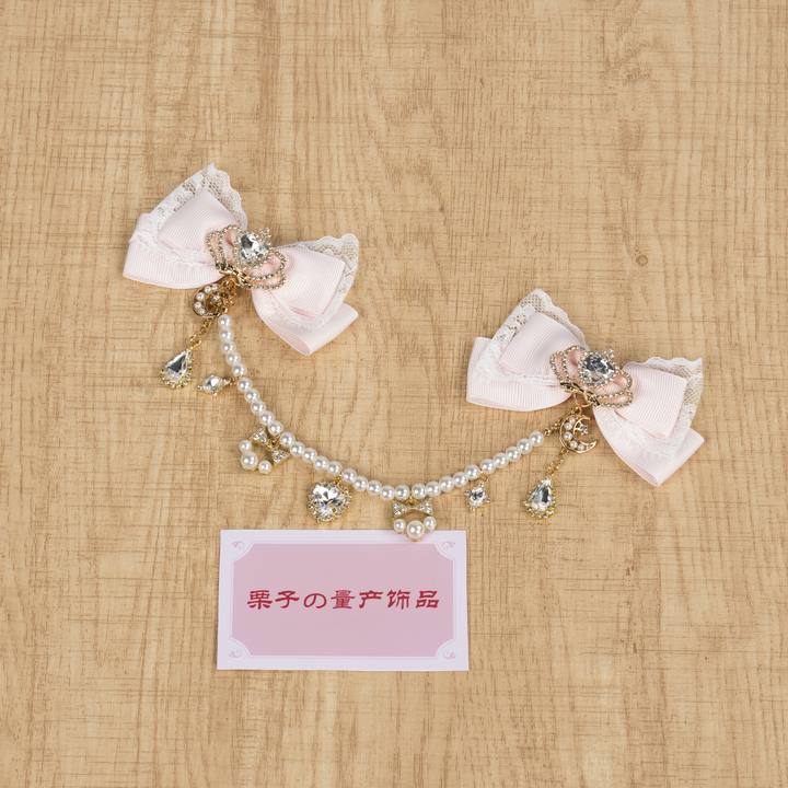 Jirai Kei Bow Hair Clips, Rhinestone Crown and Pearl Chain 44194:802724