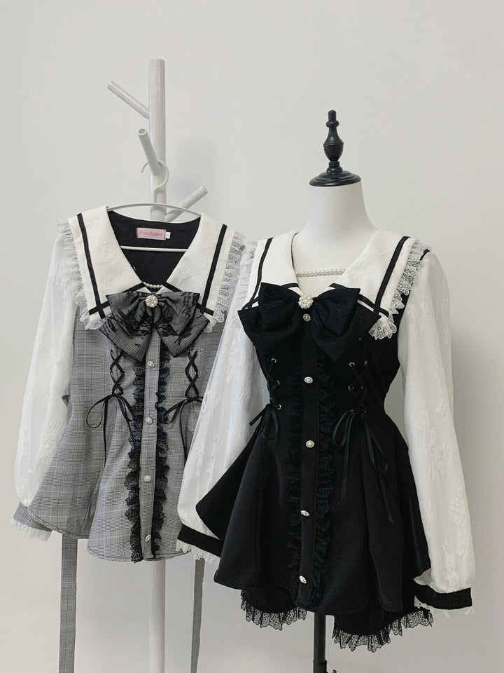Lace-up Jirai Kei Dress Set with Lace and Rhinestone Button 42784:752961