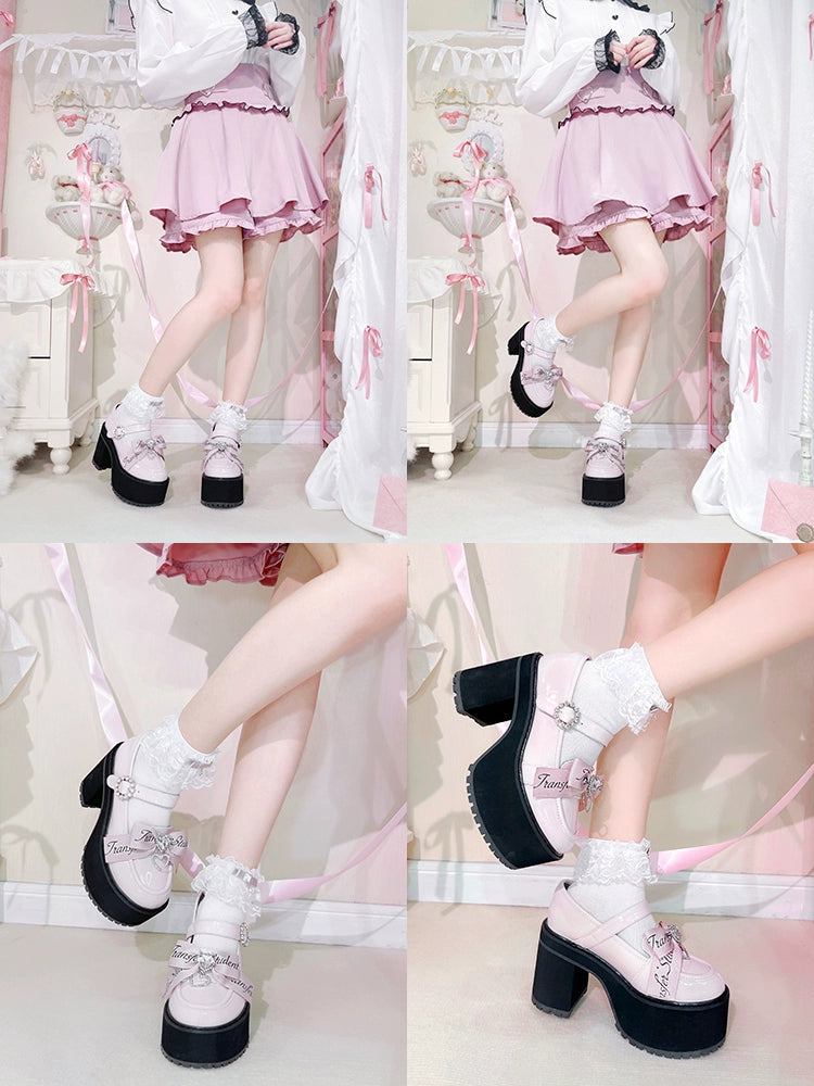 Jirai Kei Shoes Rhinestone Bow Platform Shoes With Shoe Clip 38042:594456