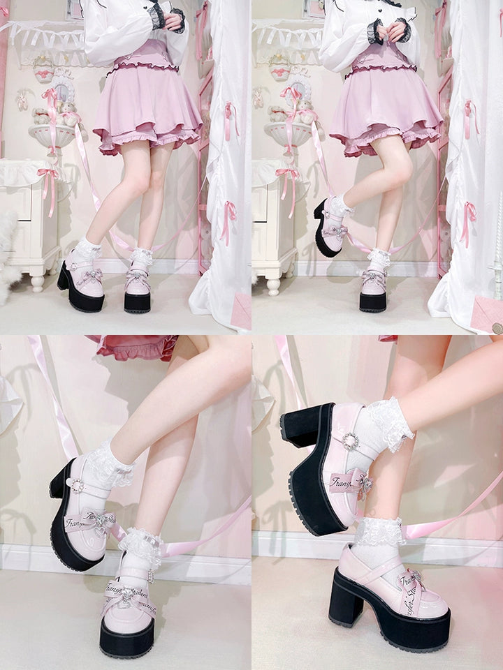 Jirai Kei Shoes Rhinestone Bow Platform Shoes With Shoe Clip 38042:594456