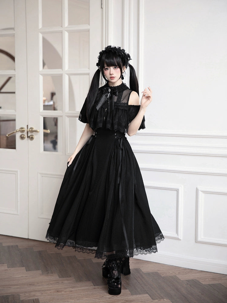Black / White Jirai Kei Long Dress, Detachable Bow, Cross Detail 43510:778730