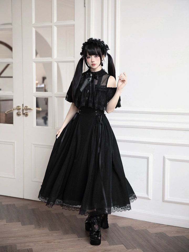 Black / White Jirai Kei Long Dress, Detachable Bow, Cross Detail 43510:778730